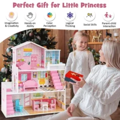 Costway Kids Wooden Dollhouse Playset With 5 Simulated Rooms & 10 Pieces Of Furniture -Kiddie Kingdom Store GUEST 076f4887 6eb5 4d2b 89e0 a4bb98574c65