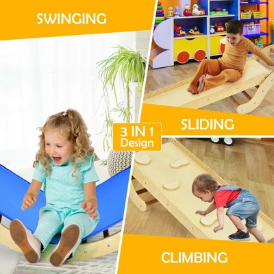 Costway 3-in-1 Kids Climber Set Wooden Arch Triangle Rocker W/ Ramp & Blue Mat 7 Costway 3-in-1 Kids Climber Set Wooden Arch Triangle Rocker W/ Ramp & Blue Mat - Image 5