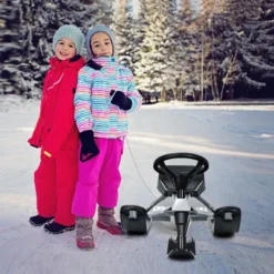 Costway Kids Snow Racer Sled W/Steering Wheel Double Brakes Pull Rope Iron Frame