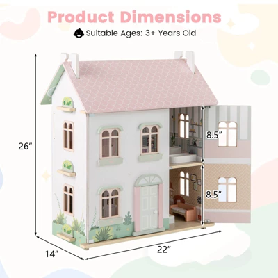 Costway Kids Wooden Dollhouse With Double-Sided Roofs & Openable Doors Rich Furniture 2 Costway Kids Wooden Dollhouse With Double-Sided Roofs & Openable Doors Rich Furniture