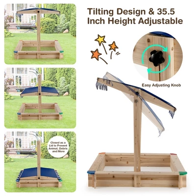 Costway Kids Wooden Sandbox With Height Adjustable & Rotatable Canopy Outdoor Playset 5 Costway Kids Wooden Sandbox With Height Adjustable & Rotatable Canopy Outdoor Playset - Image 3
