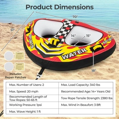 Costway Towable Tube For Boating 1 Or 2 Person Inflatable Boat Tube For Youth & Adult Red 4 Costway Towable Tube For Boating 1 Or 2 Person Inflatable Boat Tube For Youth & Adult Red - Image 2