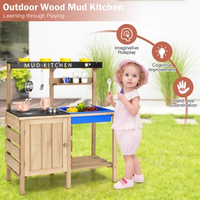 Costway Kids Kitchen Playset Wooden Outdoor Mud Kitchen Pretend Play Toy W/ Kitchenware 7 Costway Kids Kitchen Playset Wooden Outdoor Mud Kitchen Pretend Play Toy W/ Kitchenware - Image 5