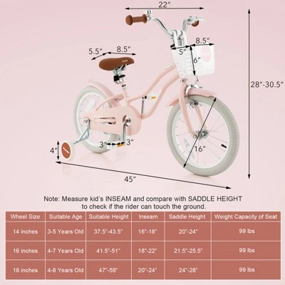 Costway 16'' Kids Bike Toddler Adjustable Bicycle WithTraining Wheel For 4-8 Years Old Girl 5 Costway 16'' Kids Bike Toddler Adjustable Bicycle WithTraining Wheel For 4-8 Years Old Girl - Image 3