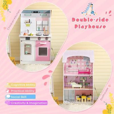 Costway Kids Kitchen Playset & Dollhouse 2-In-1 W/ Accessories & Furniture For Toddlers 6 Costway Kids Kitchen Playset & Dollhouse 2-In-1 W/ Accessories & Furniture For Toddlers - Image 4