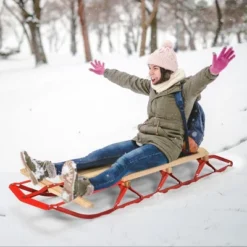 Costway 54''Kids Wooden Snow Sled Runners Steering Bar Steering Snow Slider