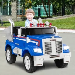 Costway 12V Licensed Freightliner Kids Ride On Truck Car RC W/ Dump Box & Lights RedBlue