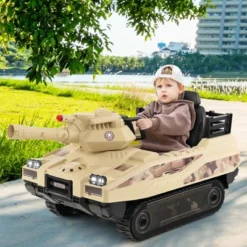 Costway Electric Kids Ride On Tank With Rubber Tracks Rotatable Turret & Working Cannon