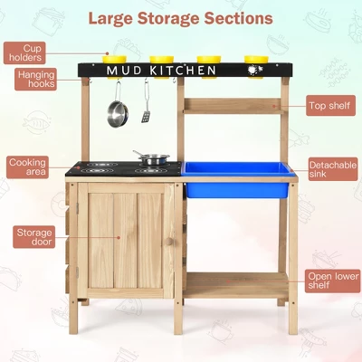 Costway Kids Kitchen Playset Wooden Outdoor Mud Kitchen Pretend Play Toy W/ Kitchenware 6 Costway Kids Kitchen Playset Wooden Outdoor Mud Kitchen Pretend Play Toy W/ Kitchenware - Image 4