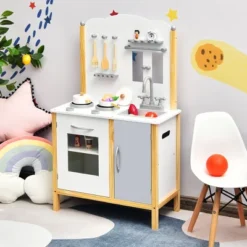 Costway Kids Play Kitchen Set Toddler Pretend Cooking Set W/ Cabinet&Accessories