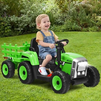 Costway 12V Kids Ride On Tractor With Trailer Ground Loader W/ RC & Lights RedPinkGreen 3 Costway 12V Kids Ride On Tractor With Trailer Ground Loader W/ RC & Lights RedPinkGreen