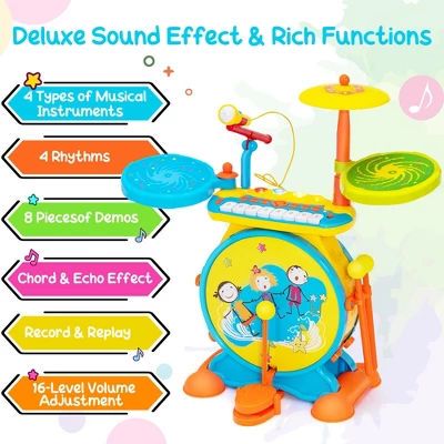 Costway 2-in-1 Kids Electronic Drum Kit Music Instrument Toy W/ Keyboard Microphone Blue 10 Costway 2-in-1 Kids Electronic Drum Kit Music Instrument Toy W/ Keyboard Microphone Blue - Image 8