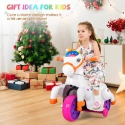 Costway 12V Kids Ride On Unicorn Toy With Training Wheels Music One-button Start Horse Toy Red/Blue/Pink