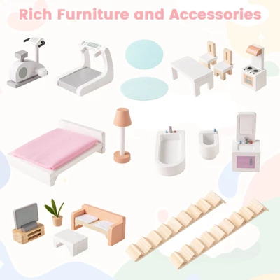 Costway Kids Wooden Dollhouse With Double-Sided Roofs & Openable Doors Rich Furniture 9 Costway Kids Wooden Dollhouse With Double-Sided Roofs & Openable Doors Rich Furniture - Image 8