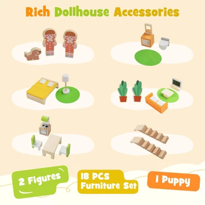 Costway Kids Wooden Dollhouse With 7 Rooms 18 Pcs Furniture Accessories 2 Figures 10 Costway Kids Wooden Dollhouse With 7 Rooms 18 Pcs Furniture Accessories 2 Figures - Image 8