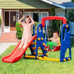 Costway 3 In 1 Junior Children Climber Slide Swing Seat Basketball Hoop Playset