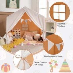 Costway Kid's Play Tent Toddler Playhouse Castle Solid Wood Frame With Washable Mat Orange/Pink -Kiddie Kingdom Store GUEST 84985fa1 1cc7 4ef6 a4b0 68c544134447