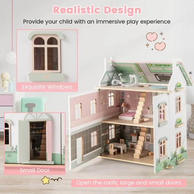 Costway Kids Wooden Dollhouse With Double-Sided Roofs & Openable Doors Rich Furniture 6 Costway Kids Wooden Dollhouse With Double-Sided Roofs & Openable Doors Rich Furniture - Image 5