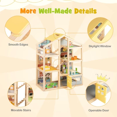 Costway Kids Wooden Dollhouse With 7 Rooms 18 Pcs Furniture Accessories 2 Figures 7 Costway Kids Wooden Dollhouse With 7 Rooms 18 Pcs Furniture Accessories 2 Figures - Image 5