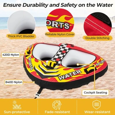 Costway Towable Tube For Boating 1 Or 2 Person Inflatable Boat Tube For Youth & Adult Red 7 Costway Towable Tube For Boating 1 Or 2 Person Inflatable Boat Tube For Youth & Adult Red - Image 5
