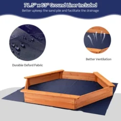 Costway Hexagon Wooden Cedar Sand Box W Seat Boards & Cover & Ground Liner -Kiddie Kingdom Store GUEST a64e634b 280e 4f37 8f8f 643c0b7ed46a