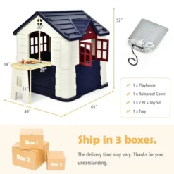Costway Kid's Playhouse Games Cottage W/ 7 PCS Toy Set & Waterproof Cover