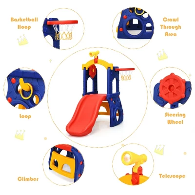 Costway 6-in-1 Freestanding Kids Slide W/ Basketball Hoop Play Climber Slide Set 9 Costway 6-in-1 Freestanding Kids Slide W/ Basketball Hoop Play Climber Slide Set - Image 7