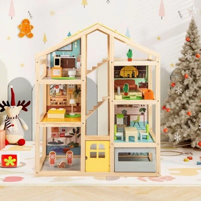 Costway Kids Wooden Dollhouse With 7 Rooms 18 Pcs Furniture Accessories 2 Figures 5 Costway Kids Wooden Dollhouse With 7 Rooms 18 Pcs Furniture Accessories 2 Figures - Image 3