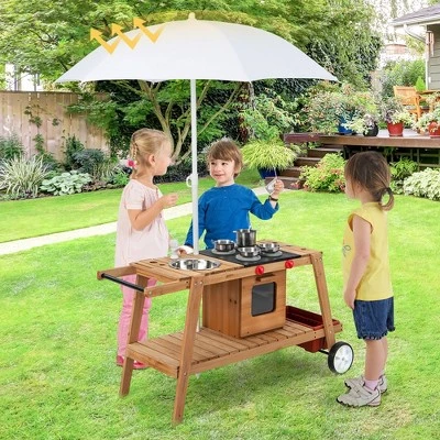 Costway Kid's Play Trolley Outdoor Wooden Kids Play Cart With Sun Umbrella For Toddlers 3+ 3 Costway Kid's Play Trolley Outdoor Wooden Kids Play Cart With Sun Umbrella For Toddlers 3+