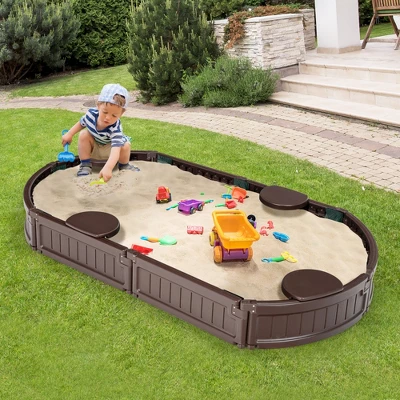 Costway 6F Wooden Sandbox W/Built-in Corner Seat, Cover, Bottom Liner For Outdoor Play 3 Costway 6F Wooden Sandbox W/Built-in Corner Seat, Cover, Bottom Liner For Outdoor Play