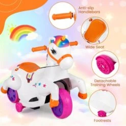 Costway 12V Kids Ride On Unicorn Toy With Training Wheels Music One-button Start Horse Toy Red/Blue/Pink -Kiddie Kingdom Store GUEST c0a8da16 d332 4716 b9be afbc6b4aa563