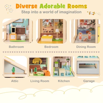 Costway Kids Wooden Dollhouse With 7 Rooms 18 Pcs Furniture Accessories 2 Figures 9 Costway Kids Wooden Dollhouse With 7 Rooms 18 Pcs Furniture Accessories 2 Figures - Image 7