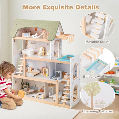 Costway Kids Wooden Dollhouse 4-Story Modern Doll House With 33Pcs Furniture Accessories 10 Costway Kids Wooden Dollhouse 4-Story Modern Doll House With 33Pcs Furniture Accessories - Image 8