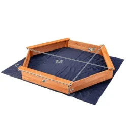 Costway Hexagon Wooden Cedar Sand Box W Seat Boards & Cover & Ground Liner