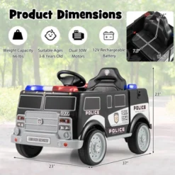 Costway Kids Ride On Police Car With 3 Speeds Megaphone Music FM Radio Flashing Lights