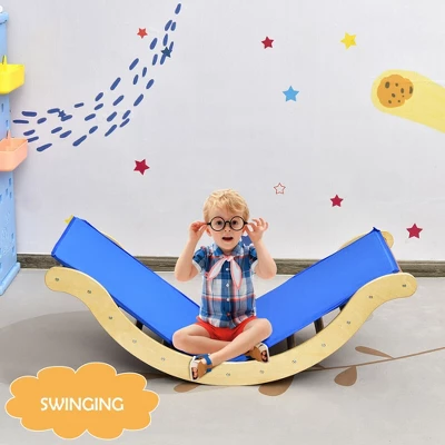 Costway 3-in-1 Kids Climber Set Wooden Arch Triangle Rocker W/ Ramp & Blue Mat 3 Costway 3-in-1 Kids Climber Set Wooden Arch Triangle Rocker W/ Ramp & Blue Mat