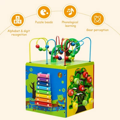 Costway 5-in-1 Wooden Activity Cube Toy Educational Learning Bead Maze W/ Rotatable Base 8 Costway 5-in-1 Wooden Activity Cube Toy Educational Learning Bead Maze W/ Rotatable Base - Image 6