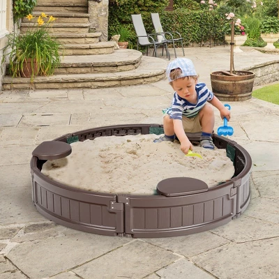 Costway 4F Wooden Sandbox W/Built-in Corner Seat, Cover, Bottom Liner For Outdoor Play 3 Costway 4F Wooden Sandbox W/Built-in Corner Seat, Cover, Bottom Liner For Outdoor Play