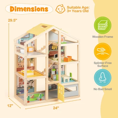 Costway Kids Wooden Dollhouse With 7 Rooms 18 Pcs Furniture Accessories 2 Figures 4 Costway Kids Wooden Dollhouse With 7 Rooms 18 Pcs Furniture Accessories 2 Figures - Image 2
